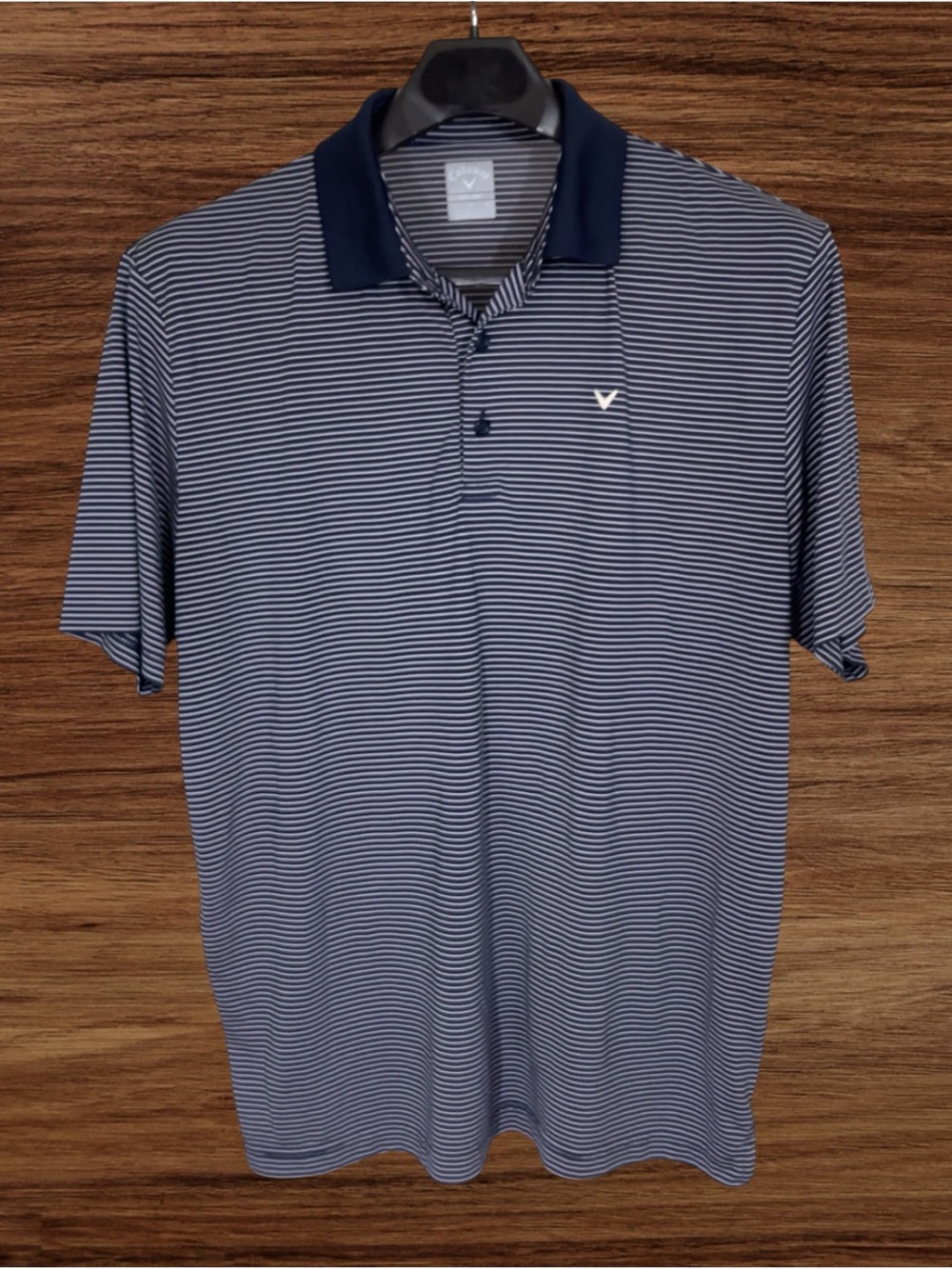 Callaway Opti-Dri Navy Blue White Stripes  Performance Polo. Large
